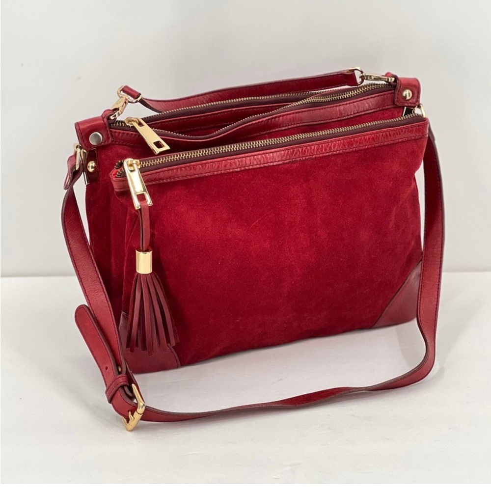 CLAUDIE PIERLOT Suede Bag Womens Medium Size Deep Red 3 Compartment Shoulder